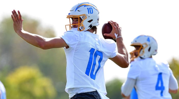 Jul 28, 2022; Costa Mesa, CA, USA; Los Angeles Chargers quarterback Justin Herbert (10) during training camp at Jack Hammett Sports Complex.